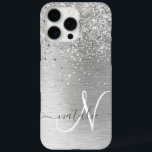 Silver Brushed Metal Glitter Monogram Name iPhone 16 Pro Max Case<br><div class="desc">Easily personalise this trendy chic phone case design featuring pretty silver sparkling glitter on a silver brushed metallic background.</div>