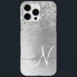 Silver Brushed Metal Glitter Monogram Name iPhone 16 Pro Max Case<br><div class="desc">Easily personalise this trendy chic phone case design featuring pretty silver sparkling glitter on a silver brushed metallic background.</div>