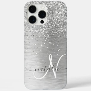 Silver Brushed Metal Glitter Monogram Name iPhone 16 Pro Max Case