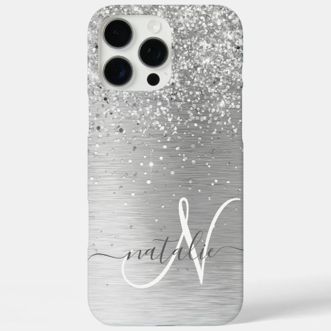 Silver Brushed Metal Glitter Monogram Name Case-Mate iPhone Case (Back)