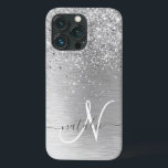 Silver Brushed Metal Glitter Monogram Name iPhone 13 Pro Case<br><div class="desc">Easily personalise this trendy chic phone case design featuring pretty silver sparkling glitter on a silver brushed metallic background.</div>