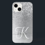 Silver Brushed Metal Glitter Monogram Name Case-Mate iPhone 14 Case<br><div class="desc">Easily personalise this trendy chic phone case design featuring pretty silver sparkling glitter on a silver brushed metallic background.</div>
