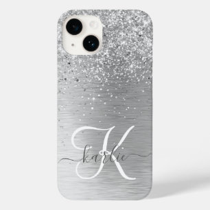 Silver Brushed Metal Glitter Monogram Name Case-Mate iPhone 14 Case
