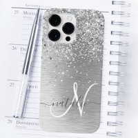 Silver Brushed Metal Glitter Monogram Name