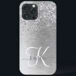 Silver Brushed Metal Glitter Monogram Name iPhone 13 Pro Max Case<br><div class="desc">Easily personalise this trendy chic phone case design featuring pretty silver sparkling glitter on a silver brushed metallic background.</div>