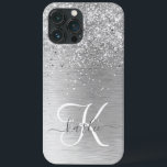 Silver Brushed Metal Glitter Monogram Name iPhone 13 Pro Max Case<br><div class="desc">Easily personalise this trendy chic phone case design featuring pretty silver sparkling glitter on a silver brushed metallic background.</div>