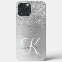 Silver Brushed Metal Glitter Monogram Name