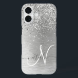 Silver Brushed Metal Glitter Monogram Name iPhone 16 Case<br><div class="desc">Easily personalise this trendy chic phone case design featuring pretty silver sparkling glitter on a silver brushed metallic background.</div>