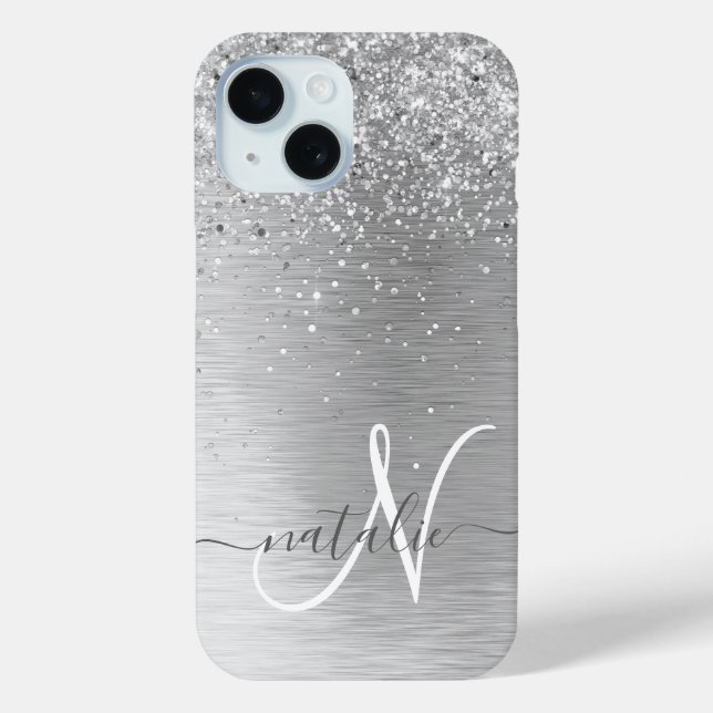 Silver Brushed Metal Glitter Monogram Name Case-Mate iPhone Case (Back)