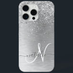Silver Brushed Metal Glitter Monogram Name iPhone 15 Pro Max Case<br><div class="desc">Easily personalise this trendy chic phone case design featuring pretty silver sparkling glitter on a silver brushed metallic background.</div>