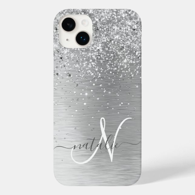 Silver Brushed Metal Glitter Monogram Name Case-Mate iPhone Case (Back)