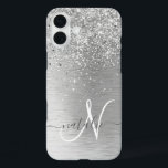Silver Brushed Metal Glitter Monogram Name iPhone 16 Plus Case<br><div class="desc">Easily personalise this trendy chic phone case design featuring pretty silver sparkling glitter on a silver brushed metallic background.</div>