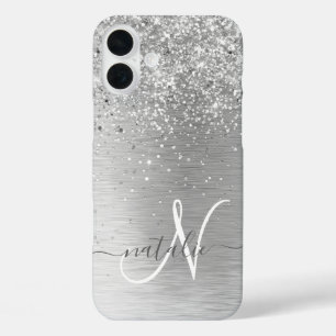 Silver Brushed Metal Glitter Monogram Name iPhone 16 Plus Case