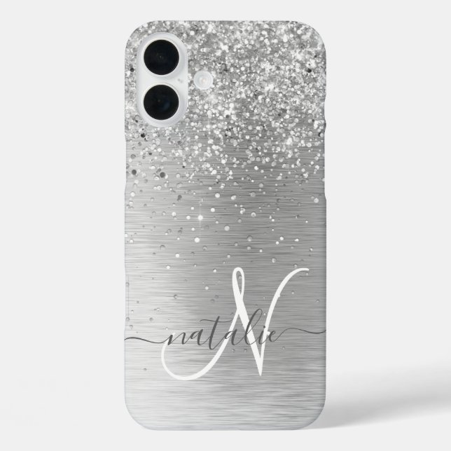 Silver Brushed Metal Glitter Monogram Name Case-Mate iPhone Case (Back)