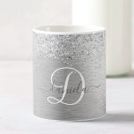Silver Brushed Metal Glitter Monogram Name Coffee Mug<br><div class="desc">Easily personalise this trendy coffee mug featuring pretty silver sparkling faux glitter on a silver brushed metallic background.</div>