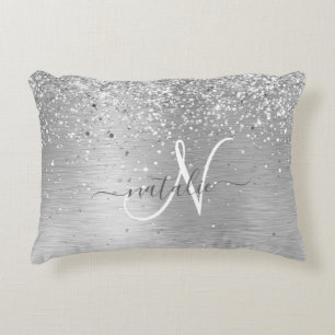 Silver Brushed Metal Glitter Monogram Name Decorative Cushion