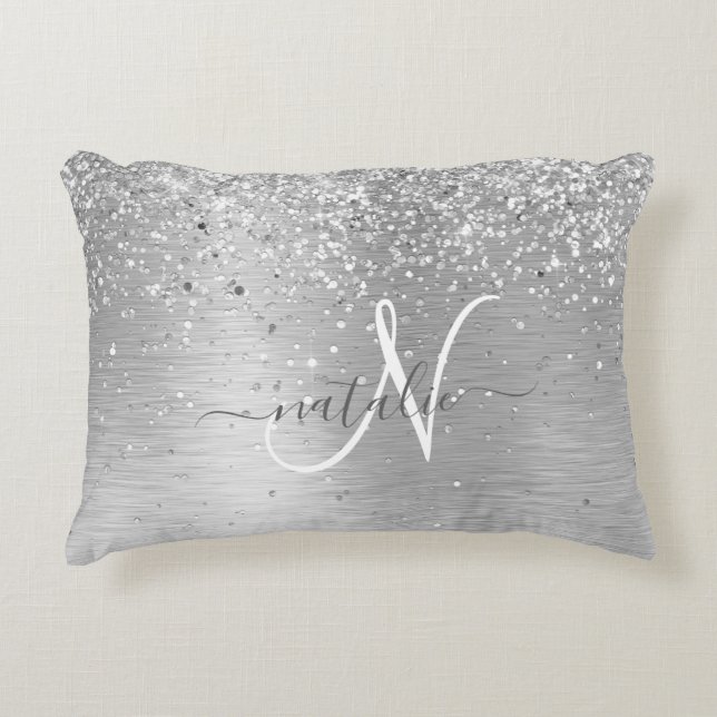 Silver Brushed Metal Glitter Monogram Name Decorative Cushion (Front)