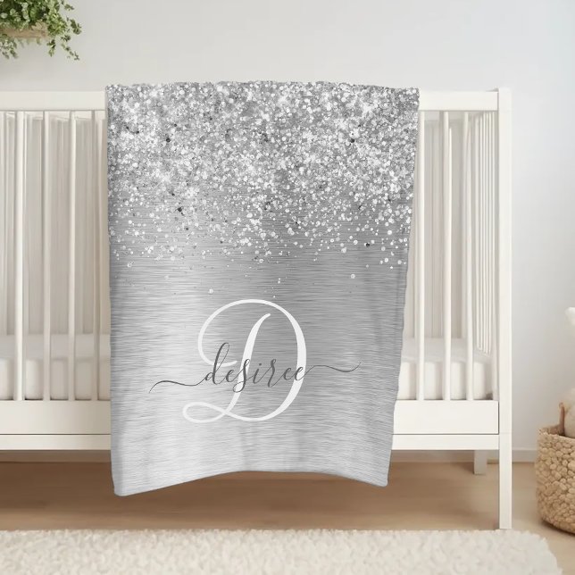 Silver Brushed Metal Glitter Monogram Name Fleece Blanket (Creator Uploaded)