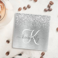 Silver Brushed Metal Glitter Monogram Name
