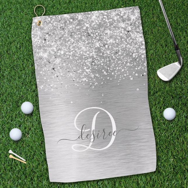 Silver Brushed Metal Glitter Monogram Name Golf Towel (Creator Uploaded)