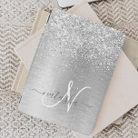 Silver Brushed Metal Glitter Monogram Name iPad Air Cover<br><div class="desc">Easily personalise this trendy chic ipad cover design featuring pretty silver sparkling glitter on a silver brushed metallic background.</div>