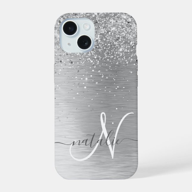 Silver Brushed Metal Glitter Monogram Name iPhone 15 Case (Back)