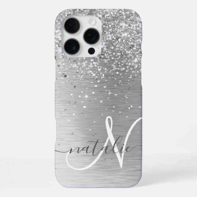 Silver Brushed Metal Glitter Monogram Name iPhone Case (Back)