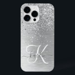 Silver Brushed Metal Glitter Monogram Name iPhone 14 Pro Max Case<br><div class="desc">Easily personalise this trendy chic phone case design featuring pretty silver sparkling glitter on a silver brushed metallic background.</div>
