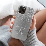 Silver Brushed Metal Glitter Monogram Name iPhone 14 Pro Case<br><div class="desc">Easily personalise this trendy chic phone case design featuring pretty silver sparkling glitter on a silver brushed metallic background.</div>