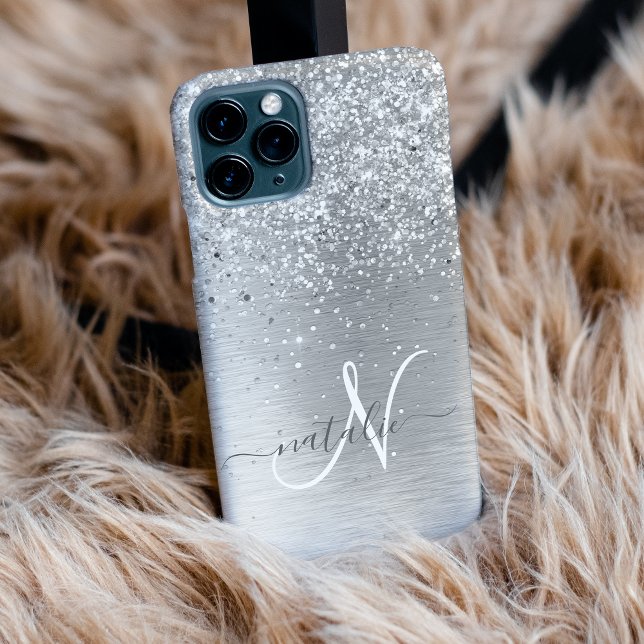 Silver Brushed Metal Glitter Monogram Name iPhone Case (Creator Uploaded)