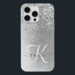 Silver Brushed Metal Glitter Monogram Name iPhone 15 Pro Max Case<br><div class="desc">Easily personalise this trendy chic phone case design featuring pretty silver sparkling glitter on a silver brushed metallic background.</div>