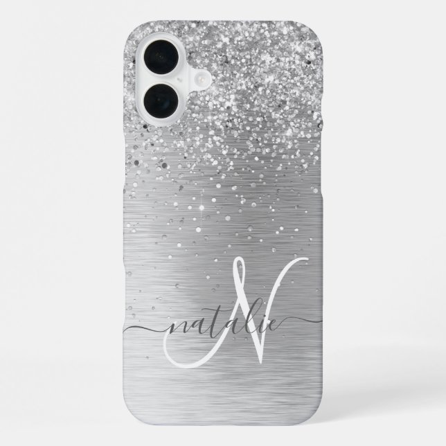 Silver Brushed Metal Glitter Monogram Name iPhone Case (Back)