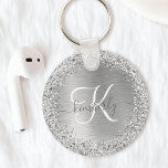 Silver Brushed Metal Glitter Monogram Name Key Ring<br><div class="desc">Easily personalize this trendy chic keychain design featuring pretty silver sparkling glitter on a silver brushed metallic background.</div>