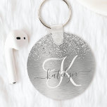 Silver Brushed Metal Glitter Monogram Name Key Ring<br><div class="desc">Easily personalise this trendy chic keychain design featuring pretty silver sparkling glitter on a silver brushed metallic background.</div>