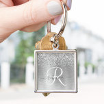 Silver Brushed Metal Glitter Monogram Name Key Ring<br><div class="desc">Easily personalise this trendy chic keychain design featuring pretty silver sparkling glitter on a silver brushed metallic background.</div>