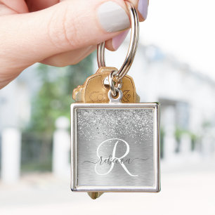 Silver Brushed Metal Glitter Monogram Name Key Ring