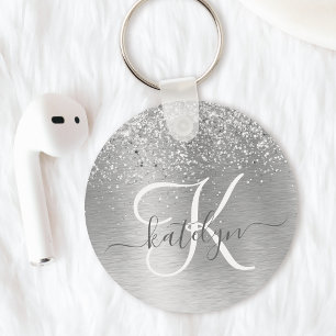 Silver Brushed Metal Glitter Monogram Name Key Ring