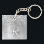Silver Brushed Metal Glitter Monogram Name Key Ring<br><div class="desc">Easily personalise this trendy chic keychain design featuring pretty silver sparkling glitter on a silver brushed metallic background.</div>