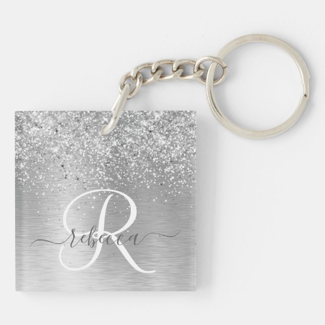 Silver Brushed Metal Glitter Monogram Name Key Ring (Back)