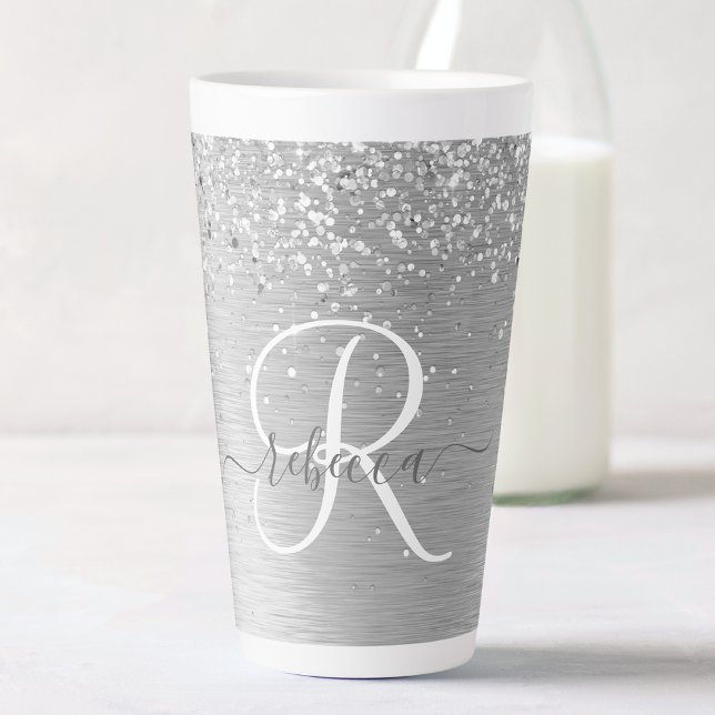 Silver Brushed Metal Glitter Monogram Name Latte Mug (Creator Uploaded)