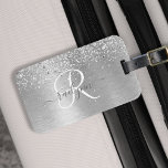 Silver Brushed Metal Glitter Monogram Name Luggage Tag<br><div class="desc">Easily personalise this trendy chic luggage tag design featuring pretty silver sparkling glitter on a silver brushed metallic background.</div>
