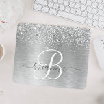 Silver Brushed Metal Glitter Monogram Name Mouse Mat<br><div class="desc">Easily personalize this trendy chic mouse pad design featuring pretty silver sparkling glitter on a silver brushed metallic background.</div>