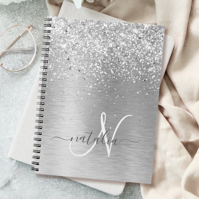 Silver Brushed Metal Glitter Monogram Name Notebook (Creator Uploaded)