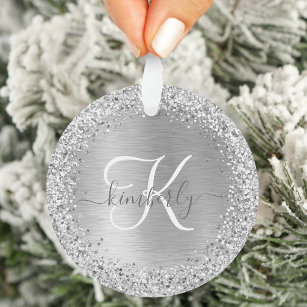 Silver Brushed Metal Glitter Monogram Name Ornament