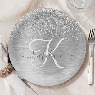Silver Brushed Metal Glitter Monogram Name Paper Plate