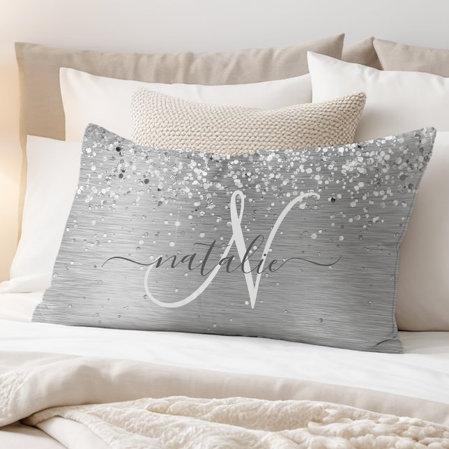 Silver Brushed Metal Glitter Monogram Name Pillowcase (Creator Uploaded)