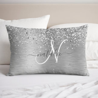 Silver Brushed Metal Glitter Monogram Name Pillowcase