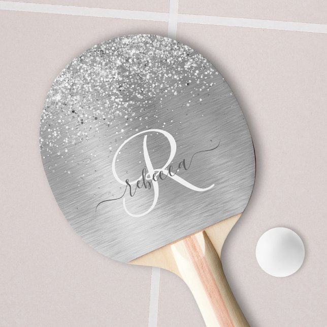 Silver Brushed Metal Glitter Monogram Name Ping Pong Paddle (Creator Uploaded)