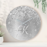 Silver Brushed Metal Glitter Monogram Name Round Clock<br><div class="desc">Easily personalise this trendy round clock design featuring pretty silver sparkling glitter on a silver brushed metallic background.</div>