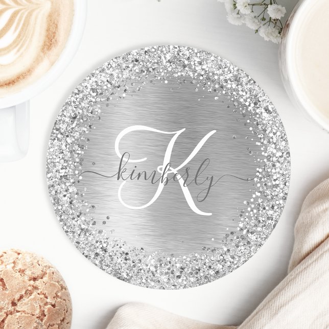 Silver Brushed Metal Glitter Monogram Name Round Paper Coaster (Creator Uploaded)
